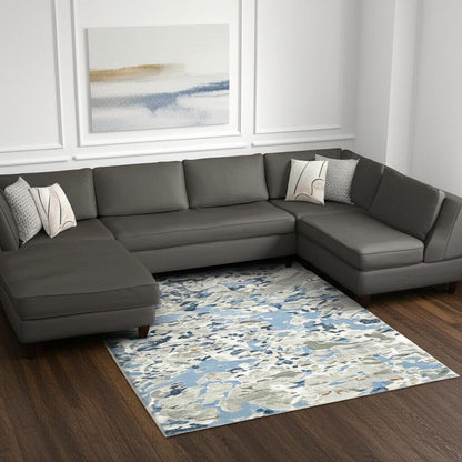 8' X 11' Grey Blue Ivory Navy Beige And Brown Abstract Power Loom Stain Resistant Area Rug