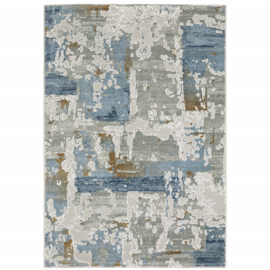 8' X 11' Grey Blue Navy Ivory And Brown Abstract Power Loom Stain Resistant Area Rug