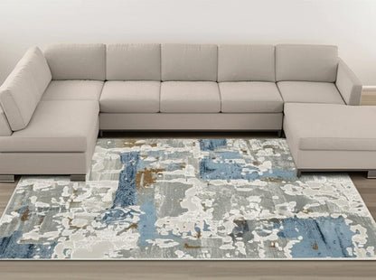 8' X 11' Grey Blue Navy Ivory And Brown Abstract Power Loom Stain Resistant Area Rug