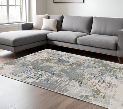 8' X 11' Grey Blue Brown Ivory And Deep Blue Abstract Power Loom Stain Resistant Area Rug