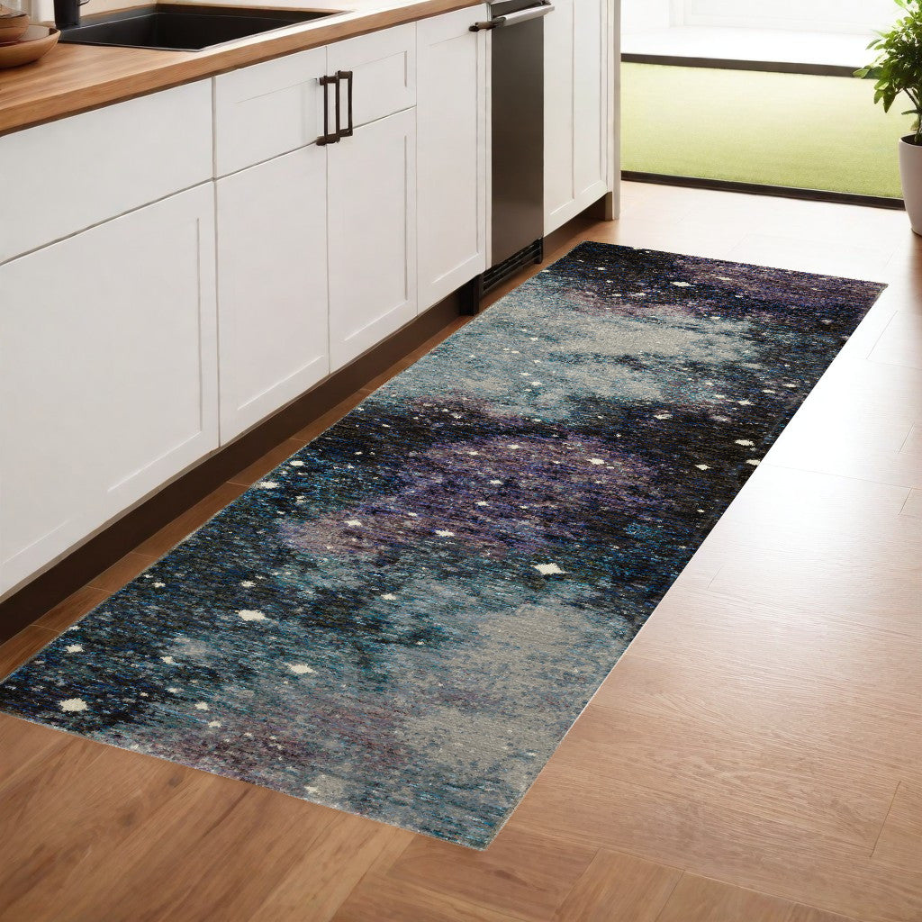 8' Runner Purple and Ivory Abstract Power Loom Runner Rug