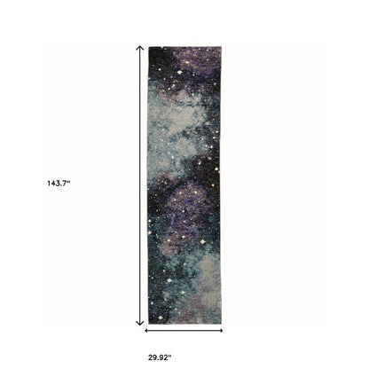 12' Purple Teal And Brown Abstract Runner Rug