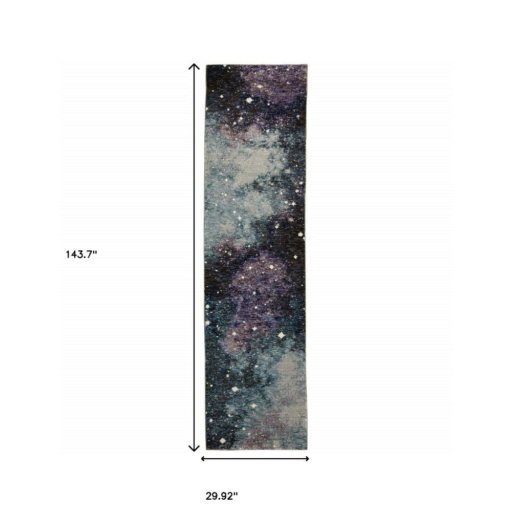 12' Purple Teal And Brown Abstract Runner Rug