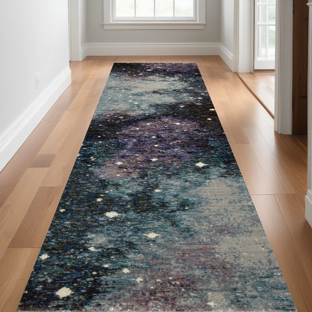 12' Runner Purple Teal and Brown Abstract Power Loom Runner Rug