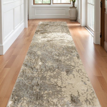 12' Runner Grey Beige and Ivory Abstract Power Loom Runner Rug