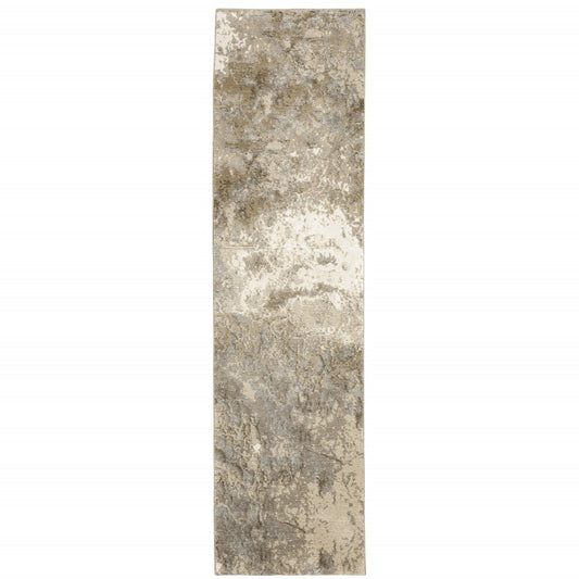 12' Gray Beige And Ivory Abstract Runner Rug