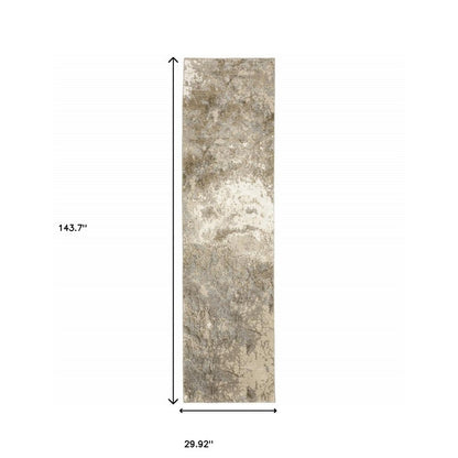 12' Gray Beige And Ivory Abstract Runner Rug