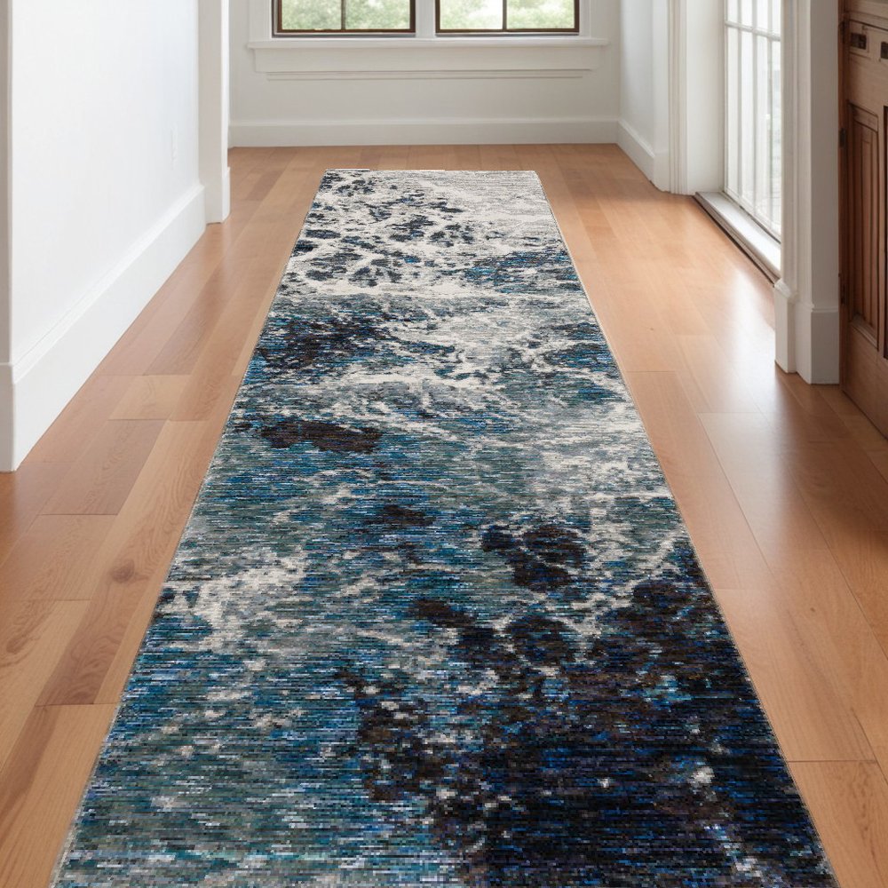 12' Gray Teal And Green Abstract Runner Rug