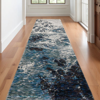 12' Gray Teal And Green Abstract Runner Rug