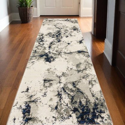 12' Gray Black And Ivory Abstract Runner Rug