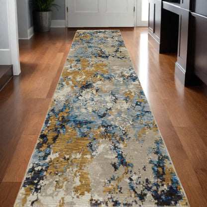 12' Gold Gray And Ivory Abstract Runner Rug