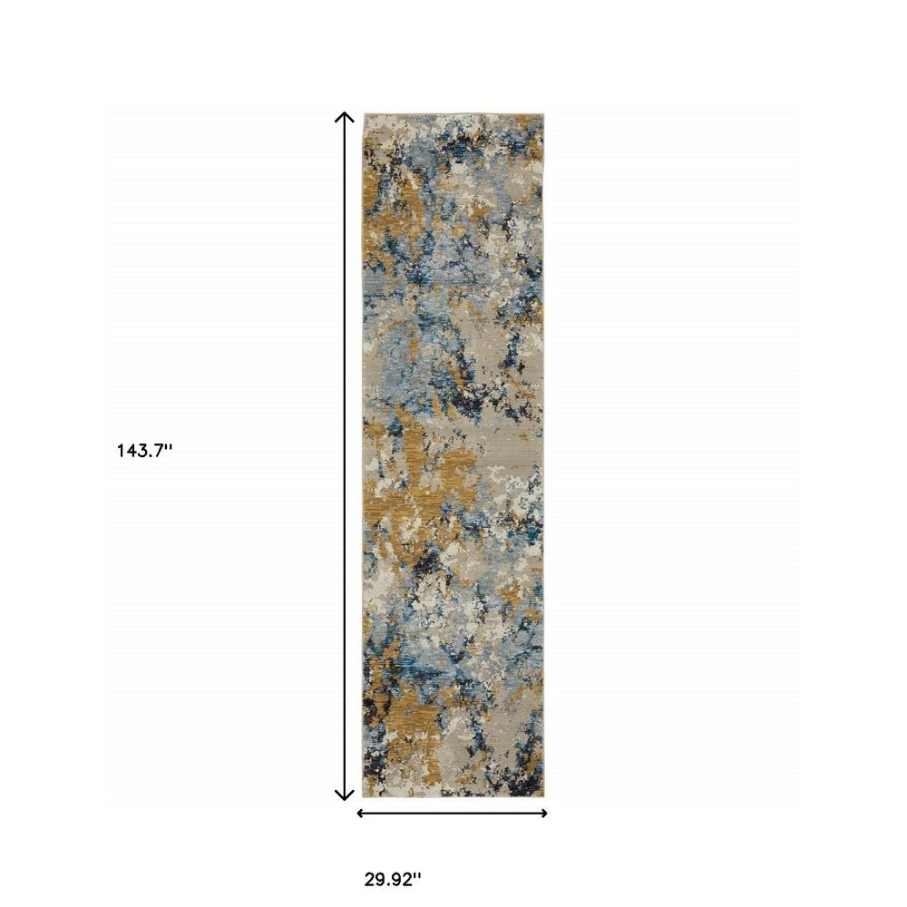 12' Gold Gray And Ivory Abstract Runner Rug