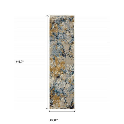 12' Gold Gray And Ivory Abstract Runner Rug