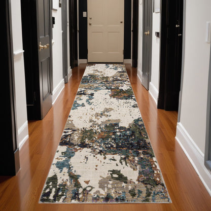 12' Runner Green Gold and Blue Abstract Power Loom Runner Rug