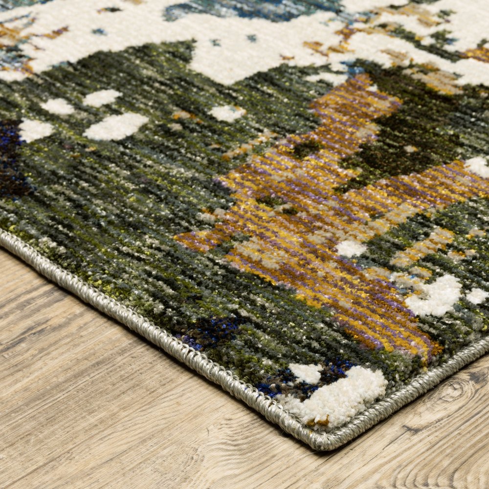 12' Green Gold And Blue Abstract Runner Rug