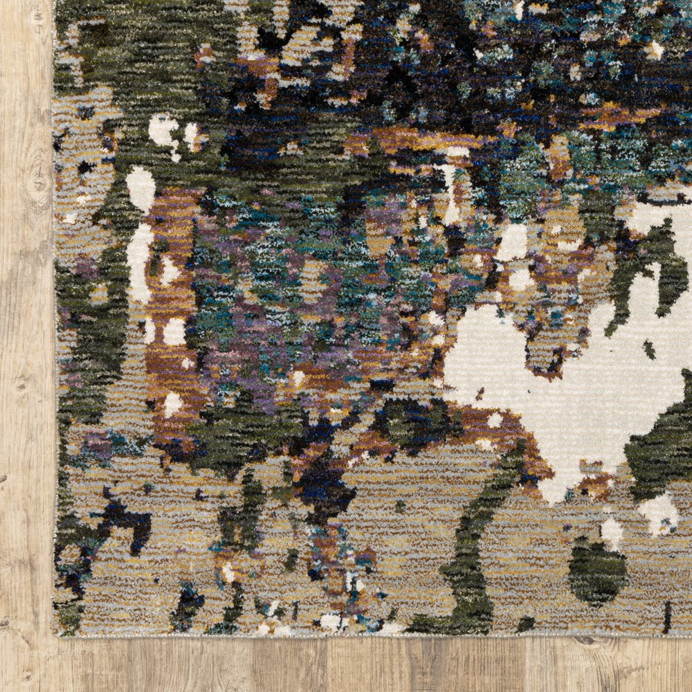 12' Green Gold And Blue Abstract Runner Rug