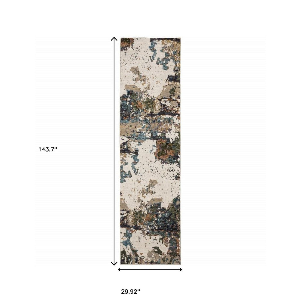 12' Green Gold And Blue Abstract Runner Rug