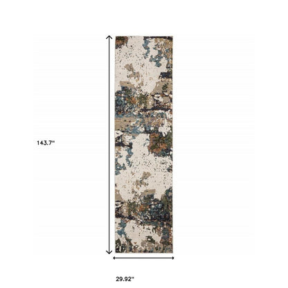 12' Green Gold And Blue Abstract Runner Rug