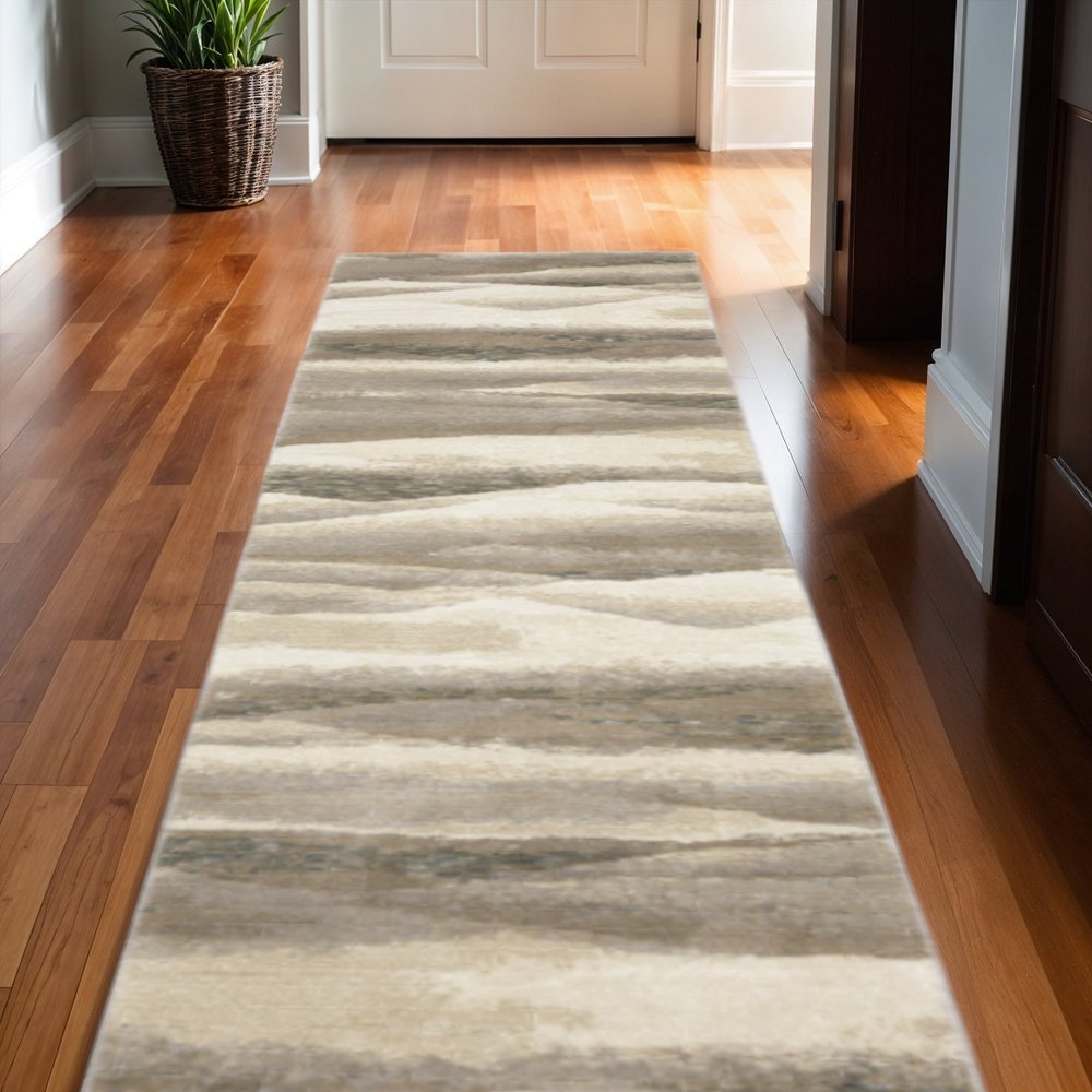 12' Gray Blue And Teal Abstract Runner Rug