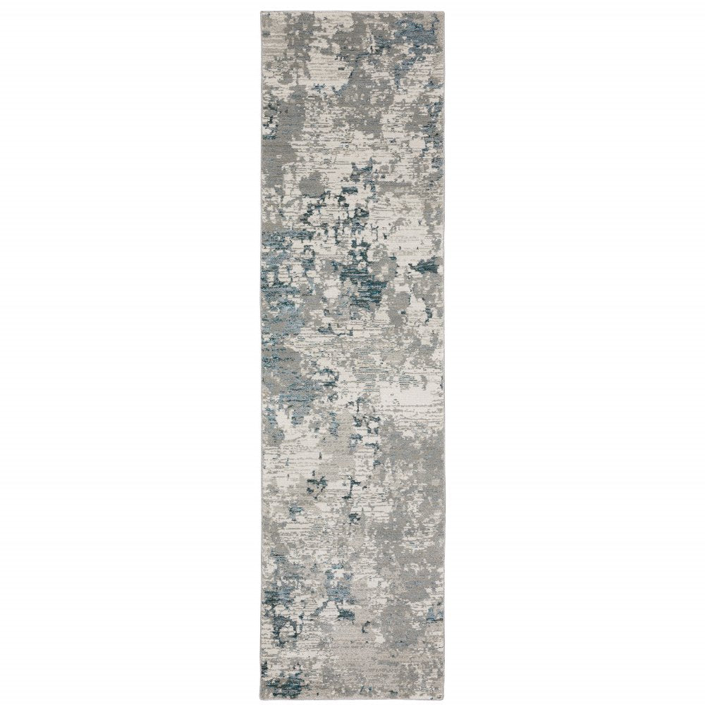 12' Blue Beige And Teal Abstract Runner Rug