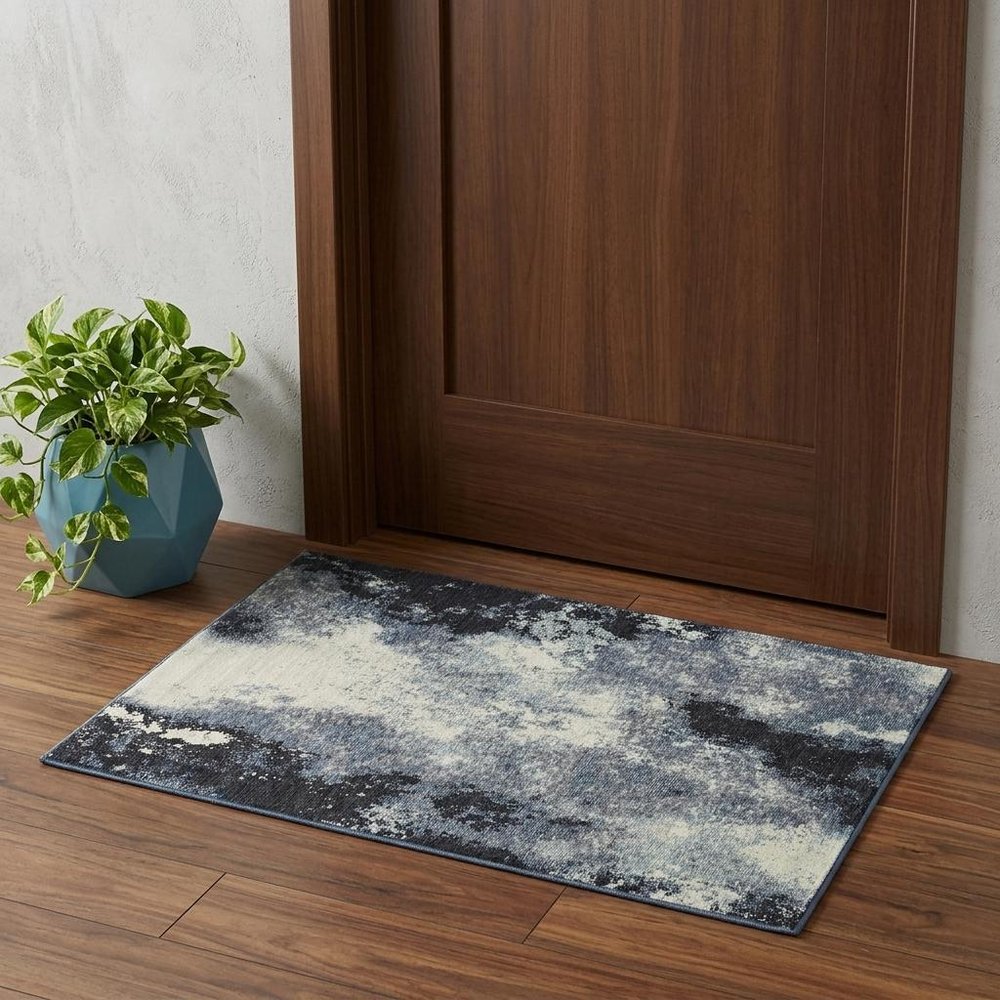 2' X 3' Blue and Ivory Abstract Power Loom Area Rug