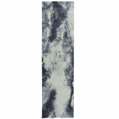 8' Runner Blue and Ivory Abstract Power Loom Runner Rug