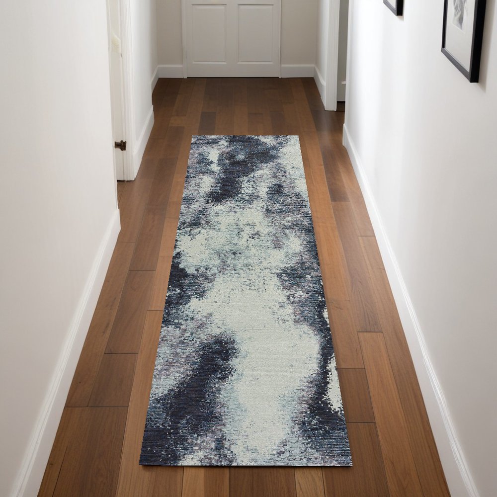 8' Blue And Ivory Abstract Runner Rug