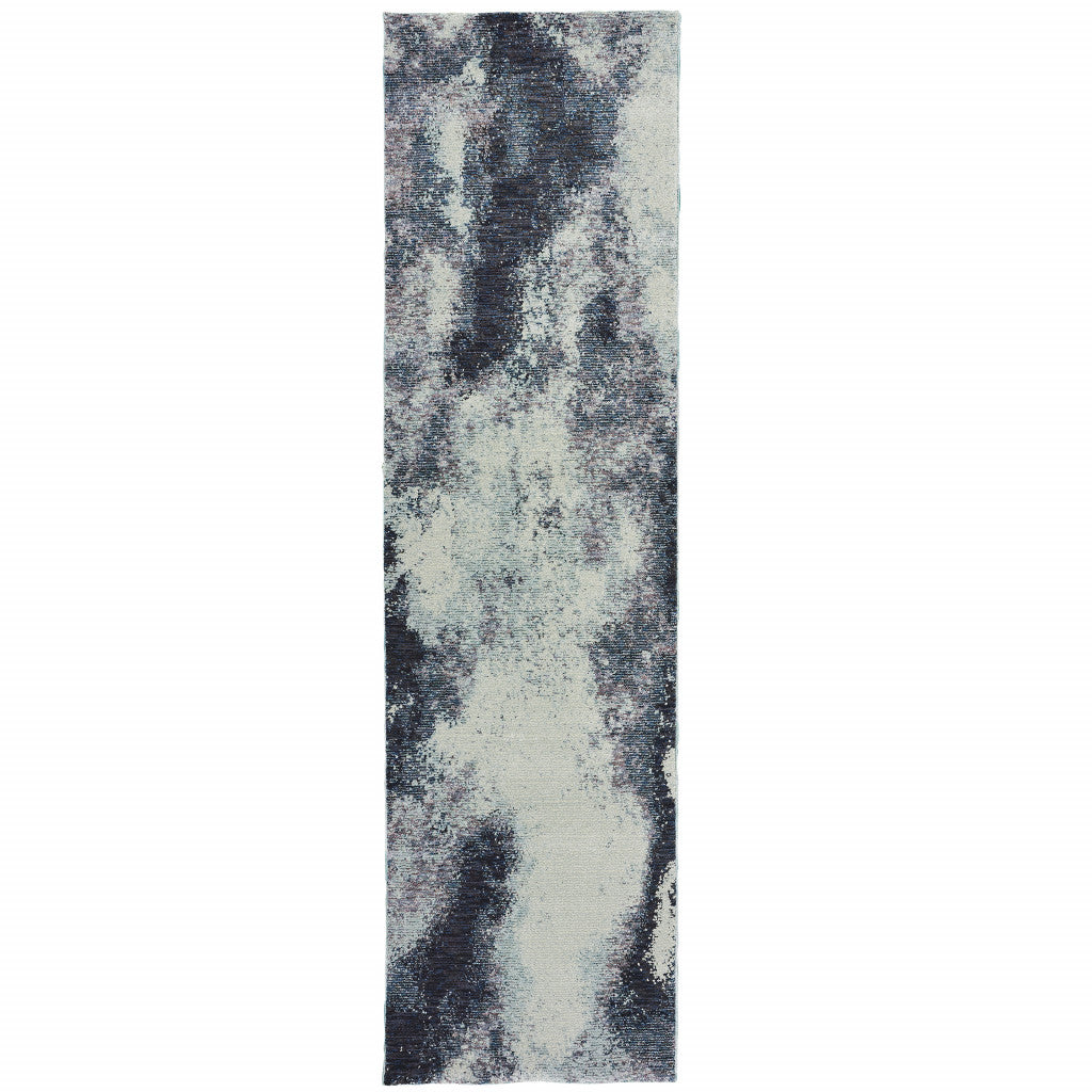 12' Runner Navy and Ivory Abstract Power Loom Runner Rug