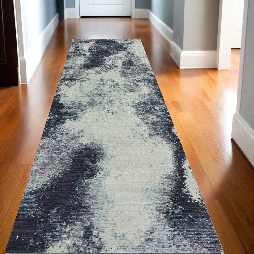 12' Runner Navy and Ivory Abstract Power Loom Runner Rug