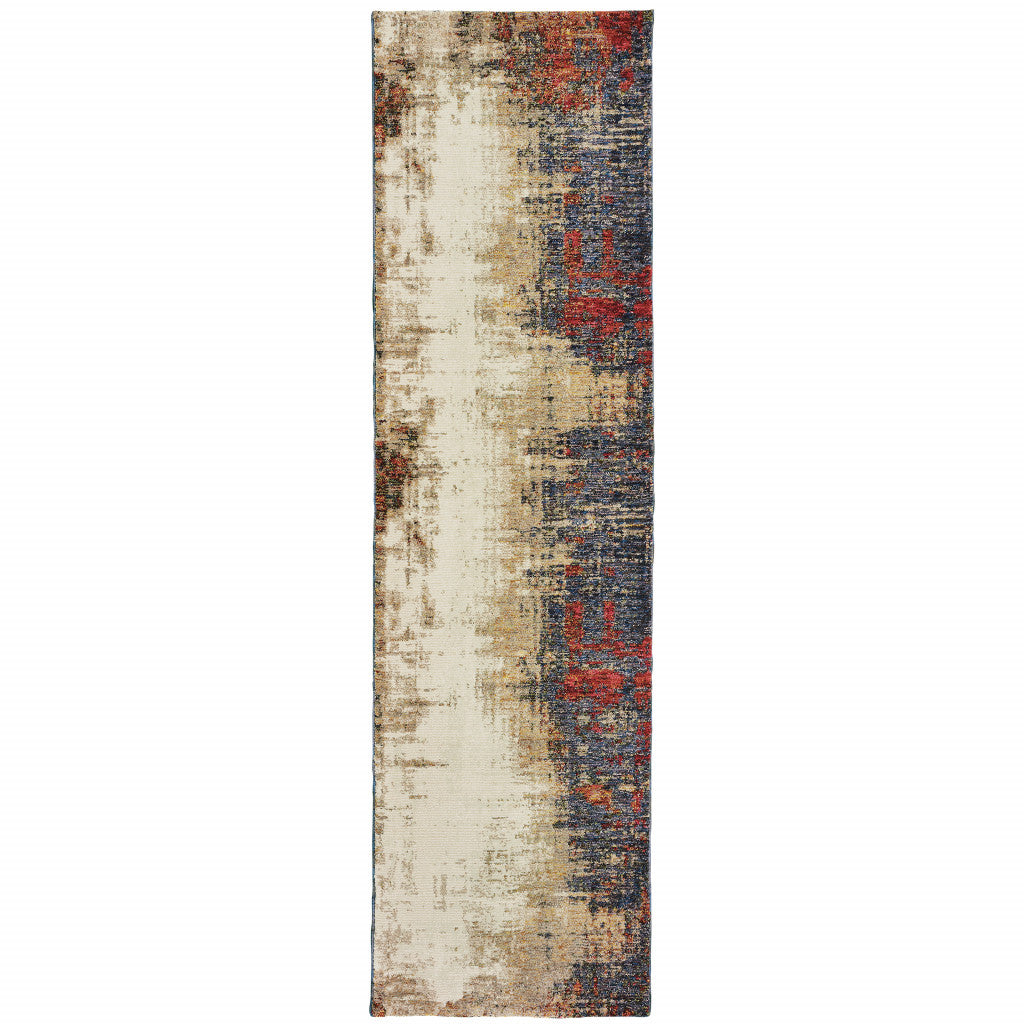 8' Runner Blue and Beige Abstract Power Loom Runner Rug