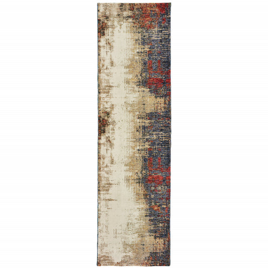 8' Runner Blue and Beige Abstract Power Loom Runner Rug