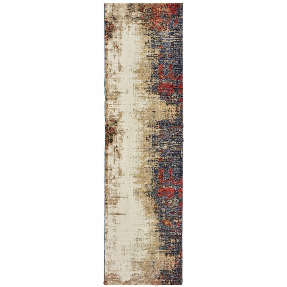 12' Blue And Ivory Abstract Runner Rug
