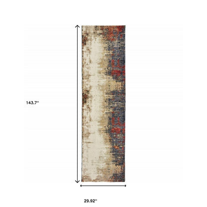 12' Blue And Ivory Abstract Runner Rug