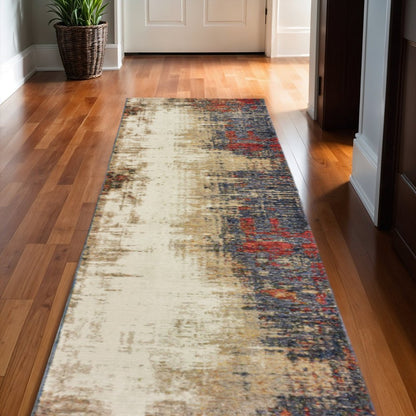 12' Blue And Ivory Abstract Runner Rug