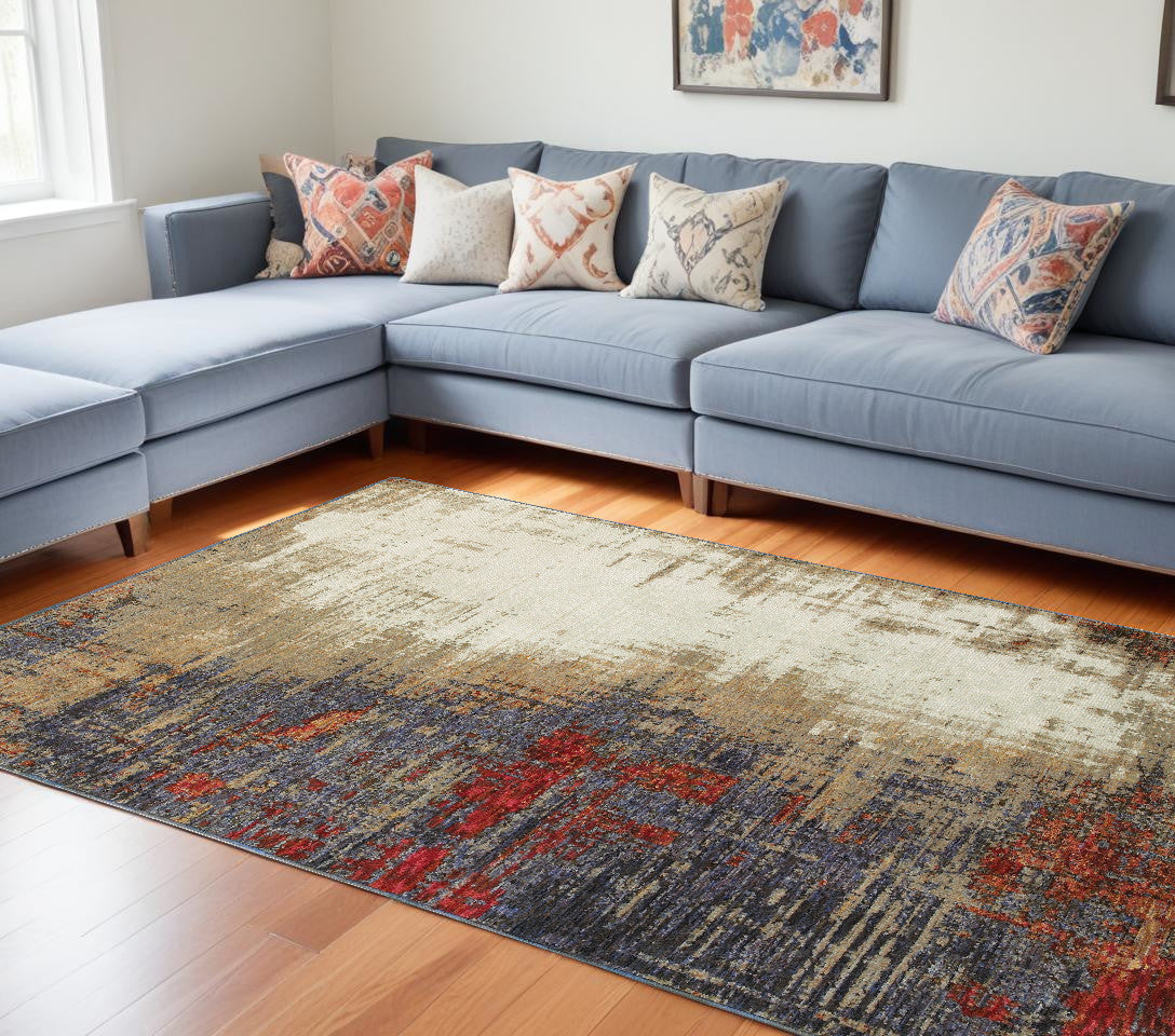 7' X 10' Blue and Beige Abstract Power Loom Area Rug