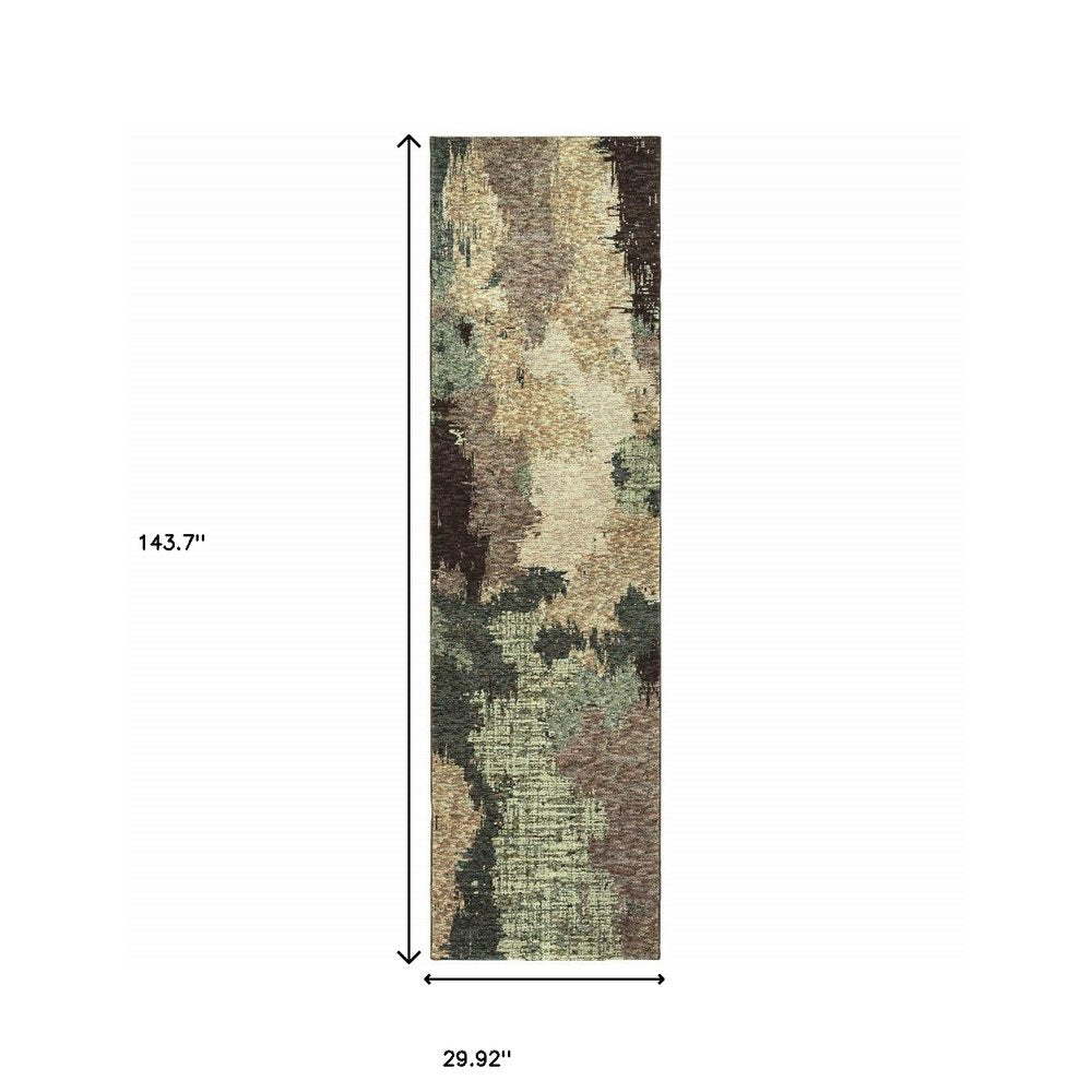 12' Blue And Brown Abstract Runner Rug