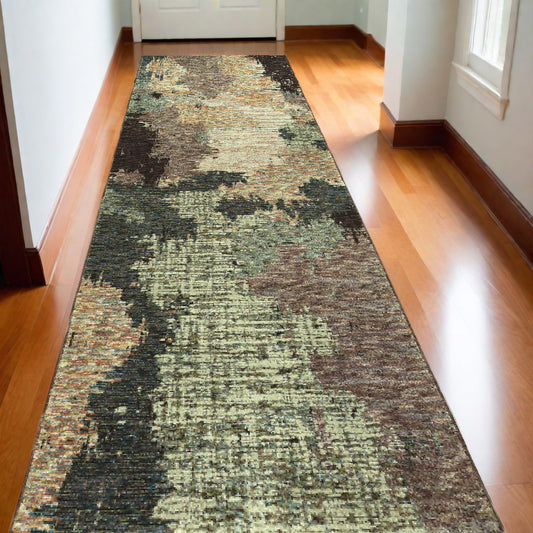 12' Runner Blue and Brown Abstract Power Loom Runner Rug