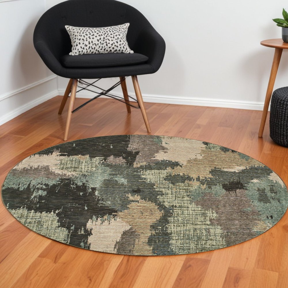 8' Blue and Ivory Round Abstract Power Loom Area Rug