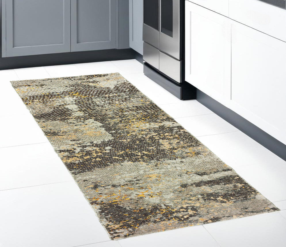 8' Runner Gray and Ivory Abstract Power Loom Runner Rug