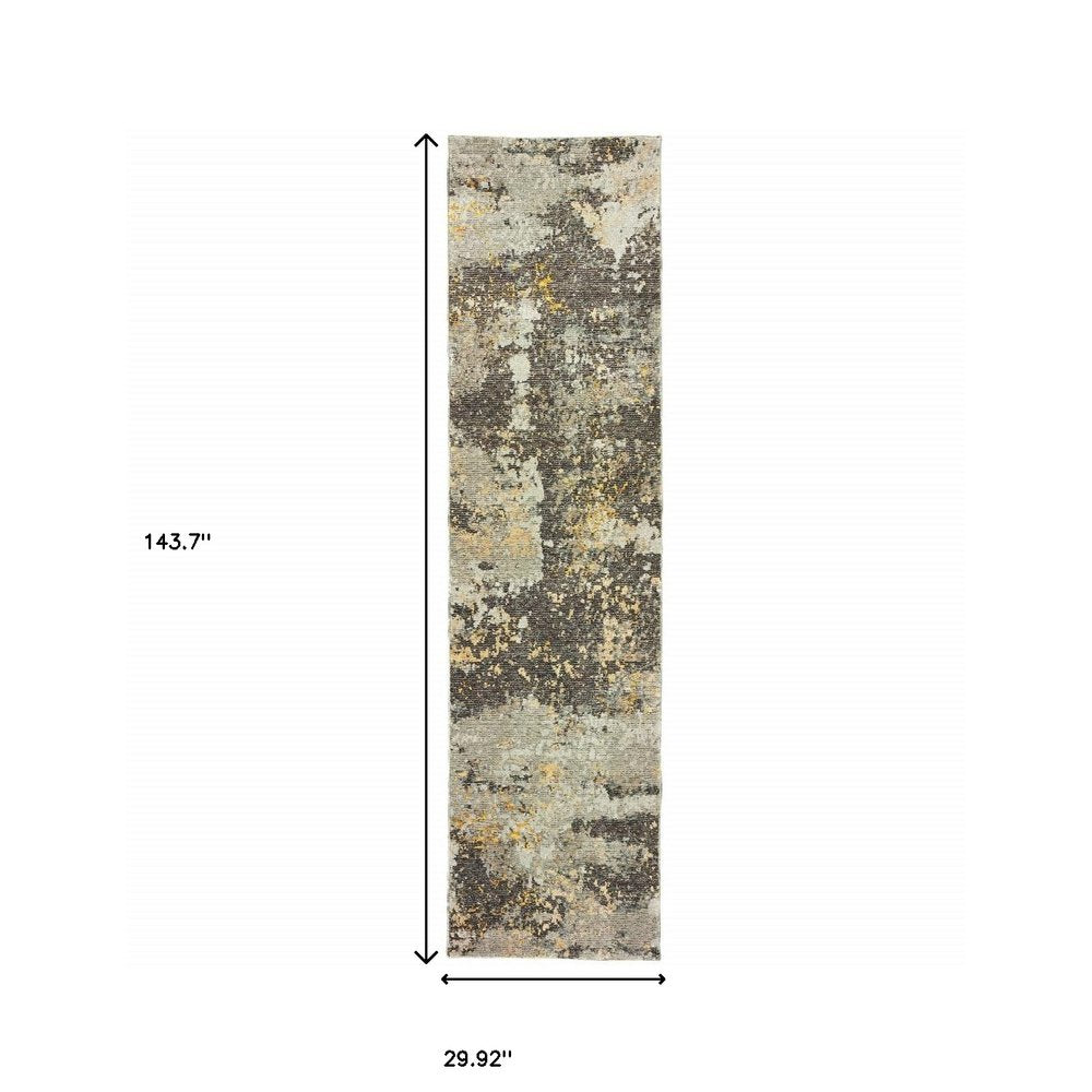 12' Gray And Gold Abstract Runner Rug