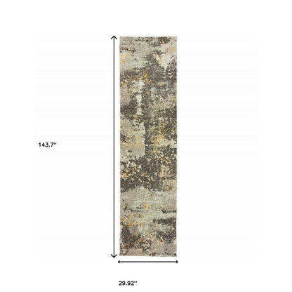 12' Gray And Gold Abstract Runner Rug