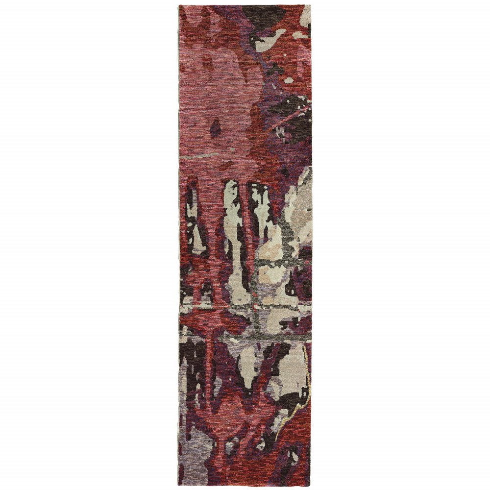 8' Red And Beige Abstract Runner Rug