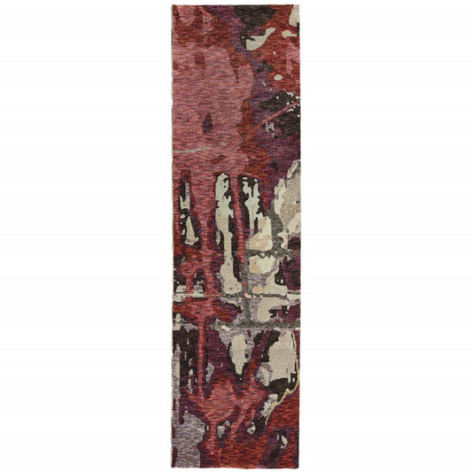 8' Red And Beige Abstract Runner Rug