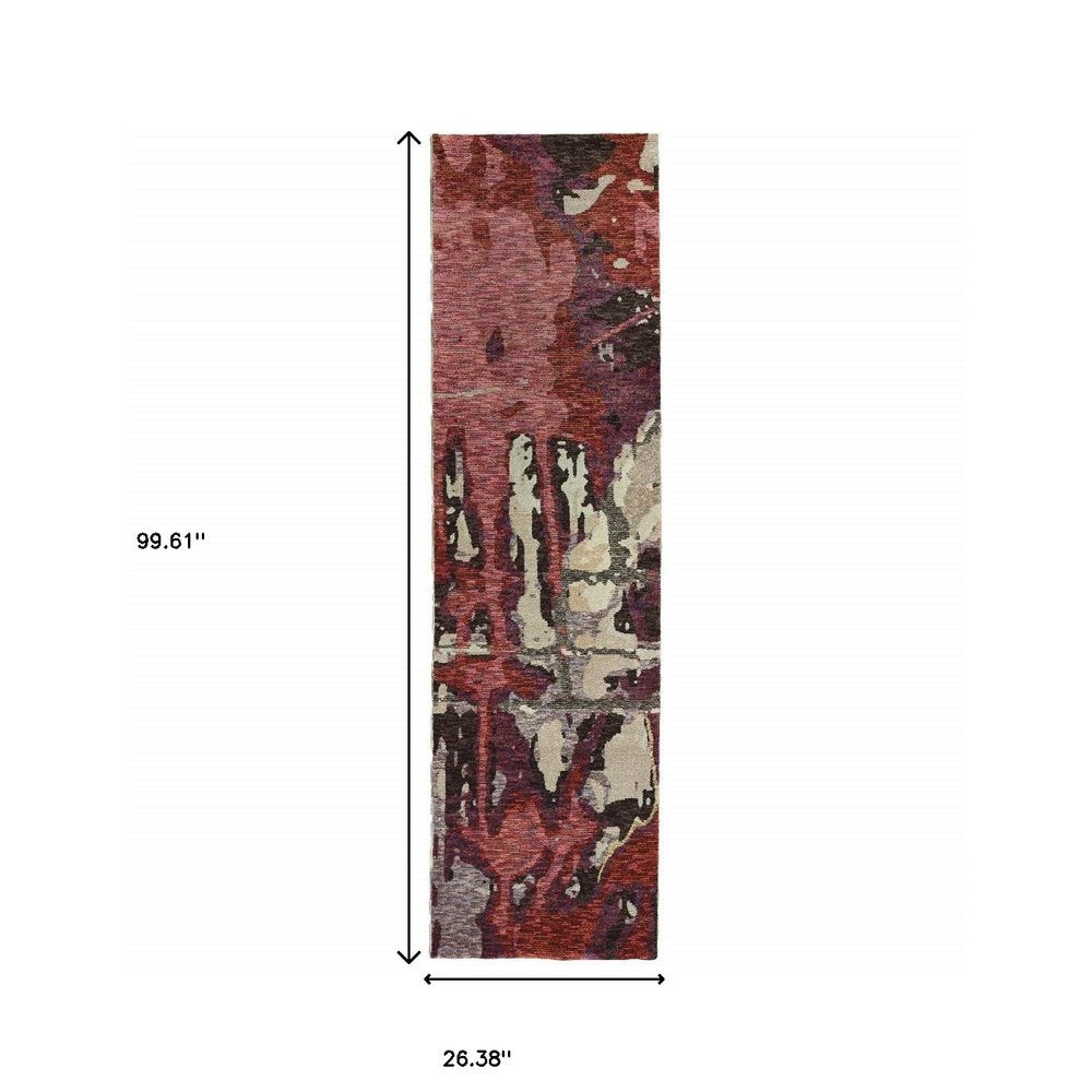 8' Red And Beige Abstract Runner Rug
