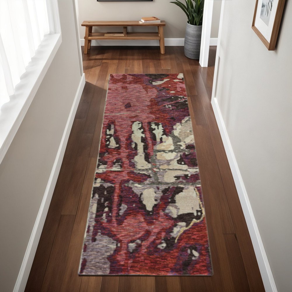 8' Red And Beige Abstract Runner Rug