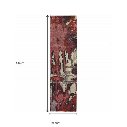 12' Red And Beige Abstract Runner Rug