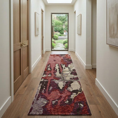 12' Red And Beige Abstract Runner Rug