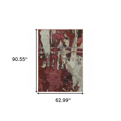 5' X 7' Red and Beige Abstract Power Loom Area Rug
