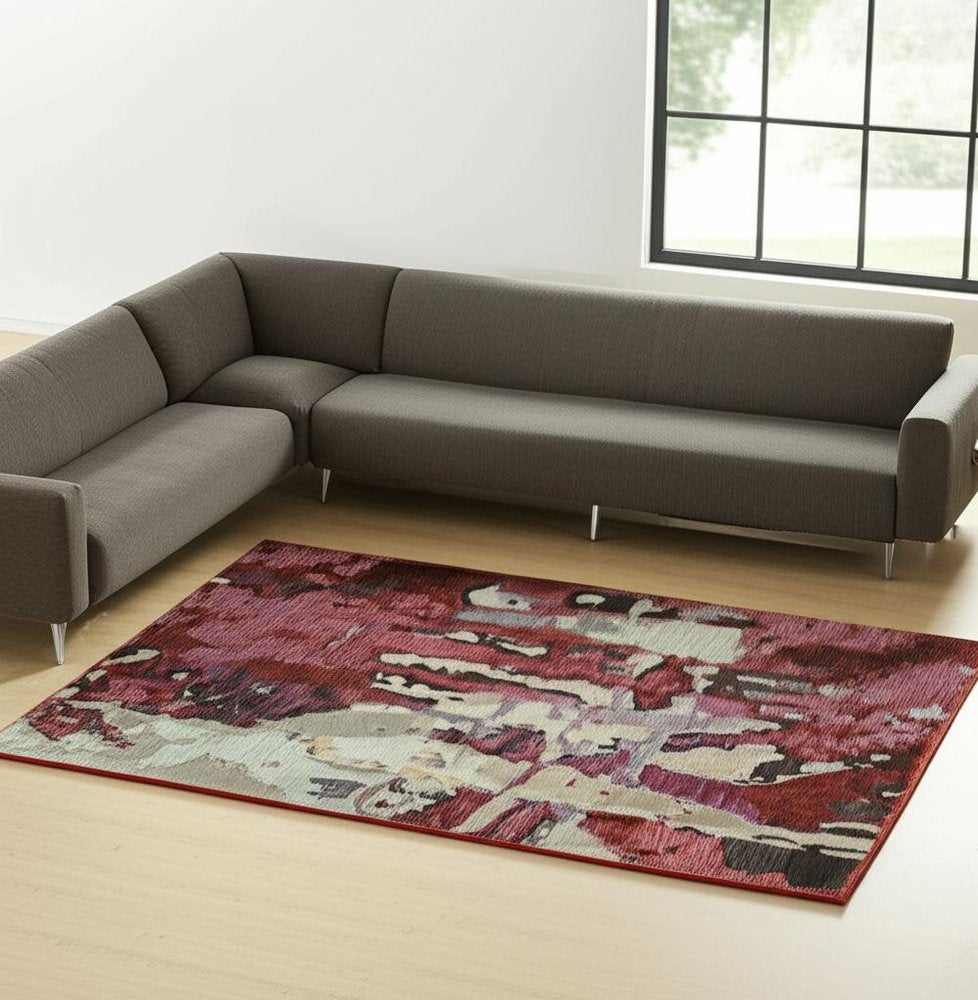9' X 12' Red and Beige Abstract Power Loom Area Rug