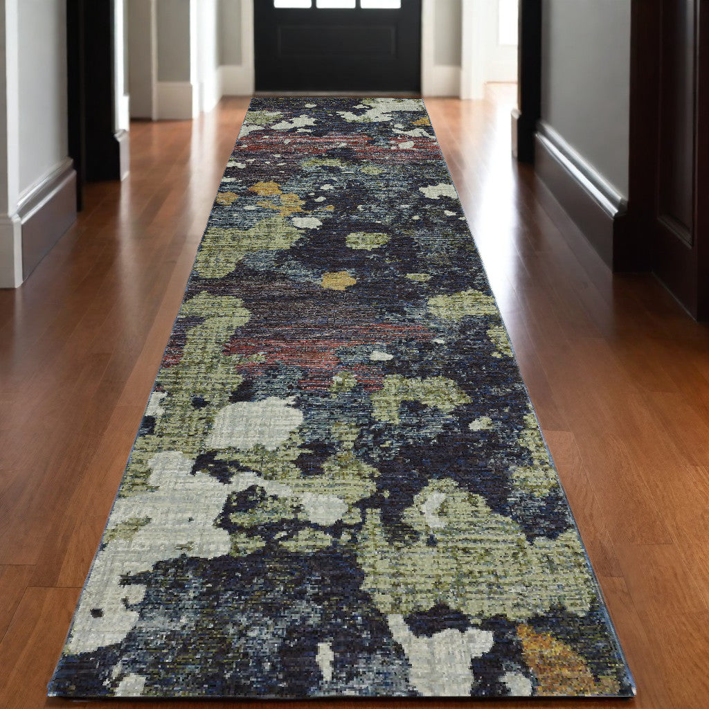 12' Runner Navy and Green Abstract Power Loom Runner Rug